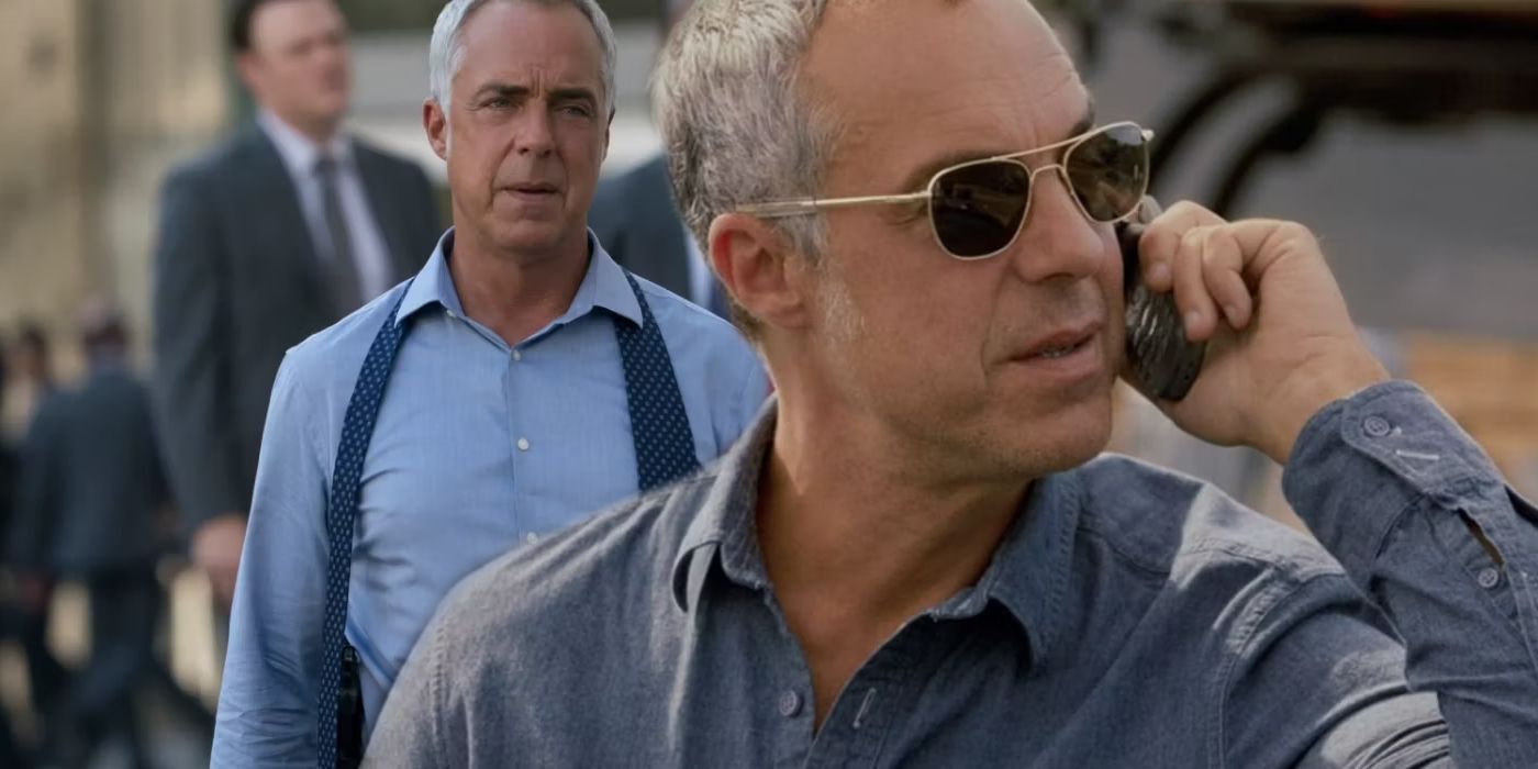 Titus Welliver as Harry Bosch walking down the street next to Harry speaking on the phone in Bosch