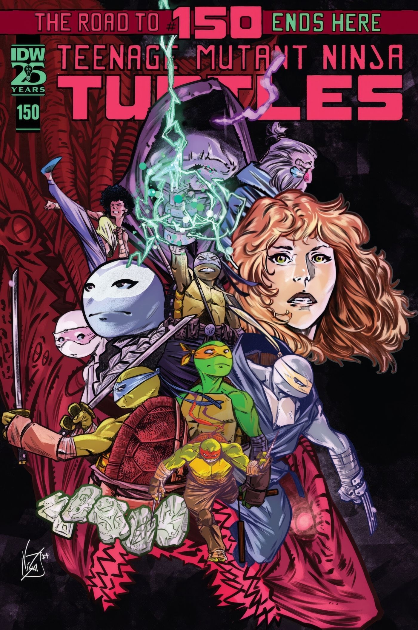 Arte da capa do Teenage Mutant Ninja Turtles # 150 apresentando todos os heróis das tartarugas.