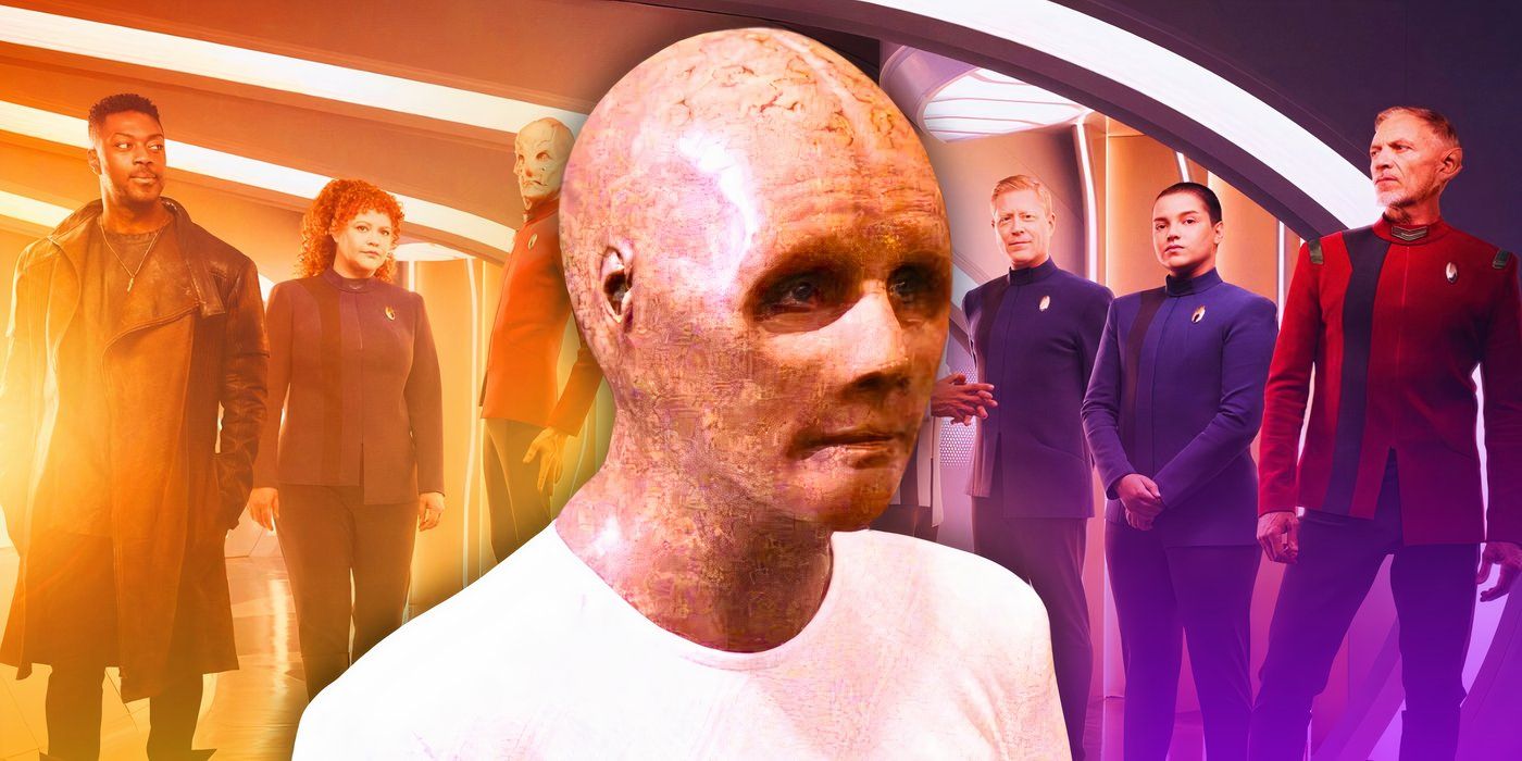 An Ancient Humanoid Progenitor in front of the cast of Star Trek: Discovery