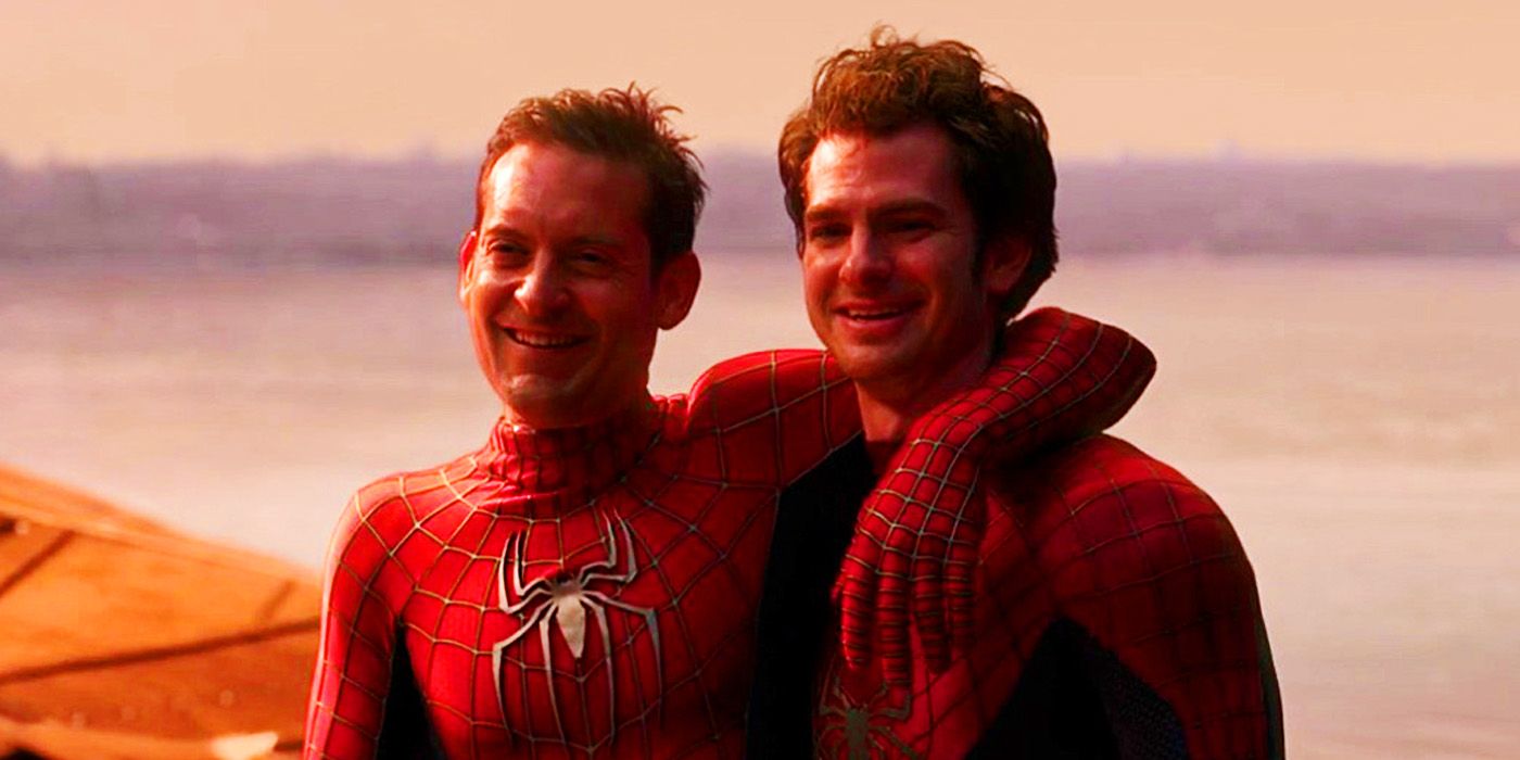 Tobey Maguire and Andrew Garfield's Spider-Men holding each other in Spider-Man No Way Home