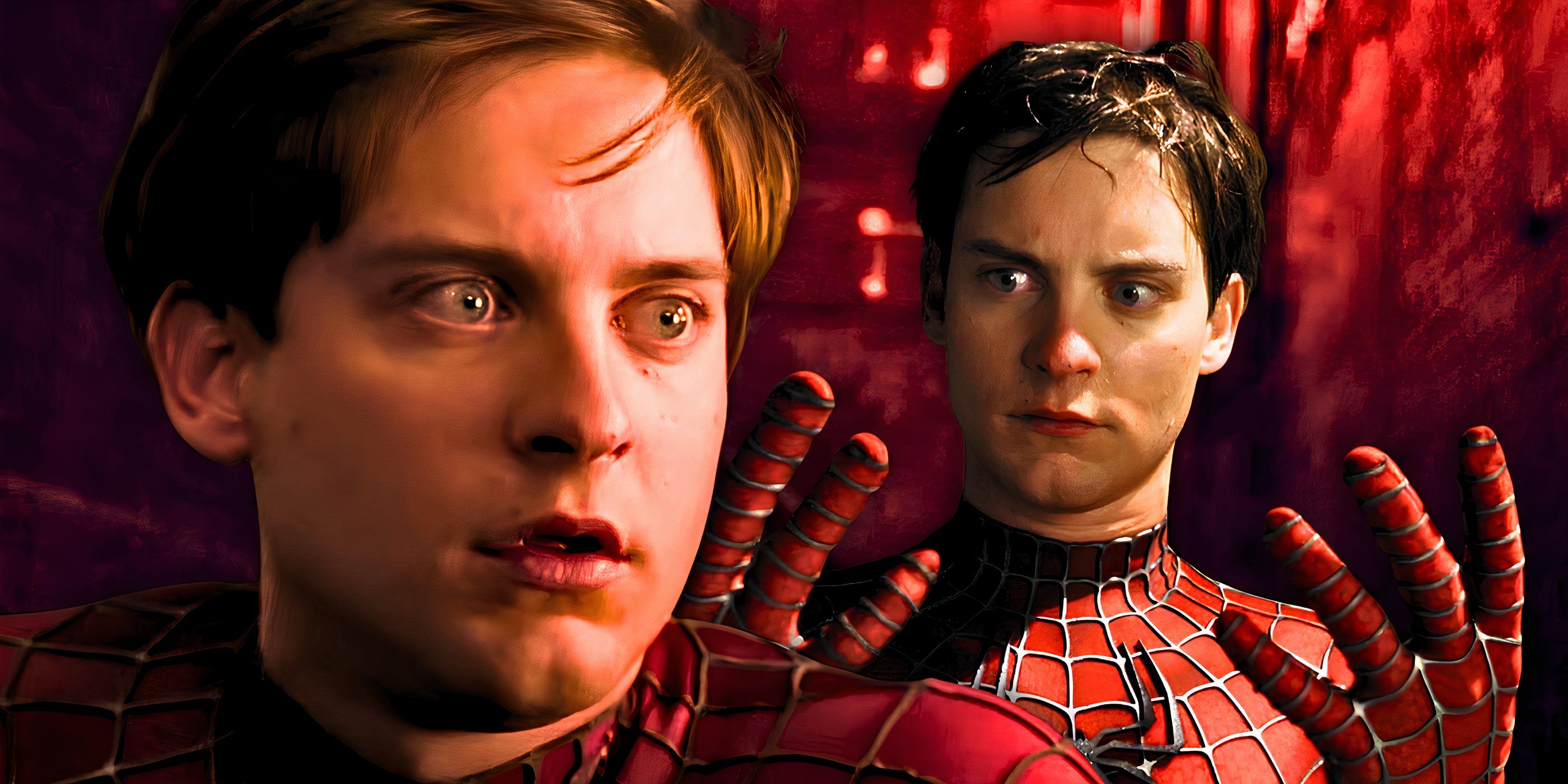 Tobey Maguire looks surprised and looks at his hands as Spider-Man