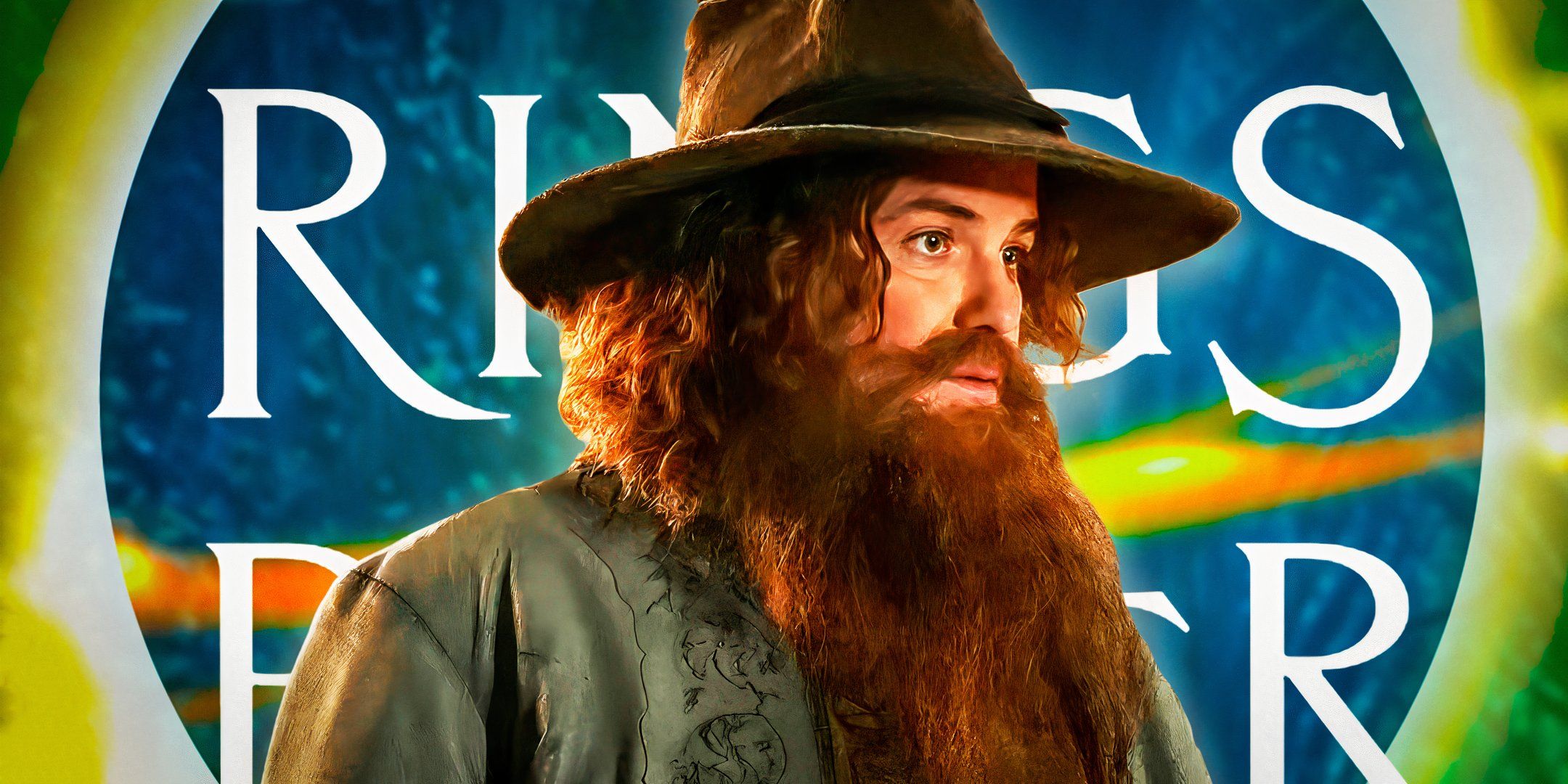 Tom Bombadil in The Lord of the Rings: The Rings of Power season 1 against a background containing The Rings of Power logo.