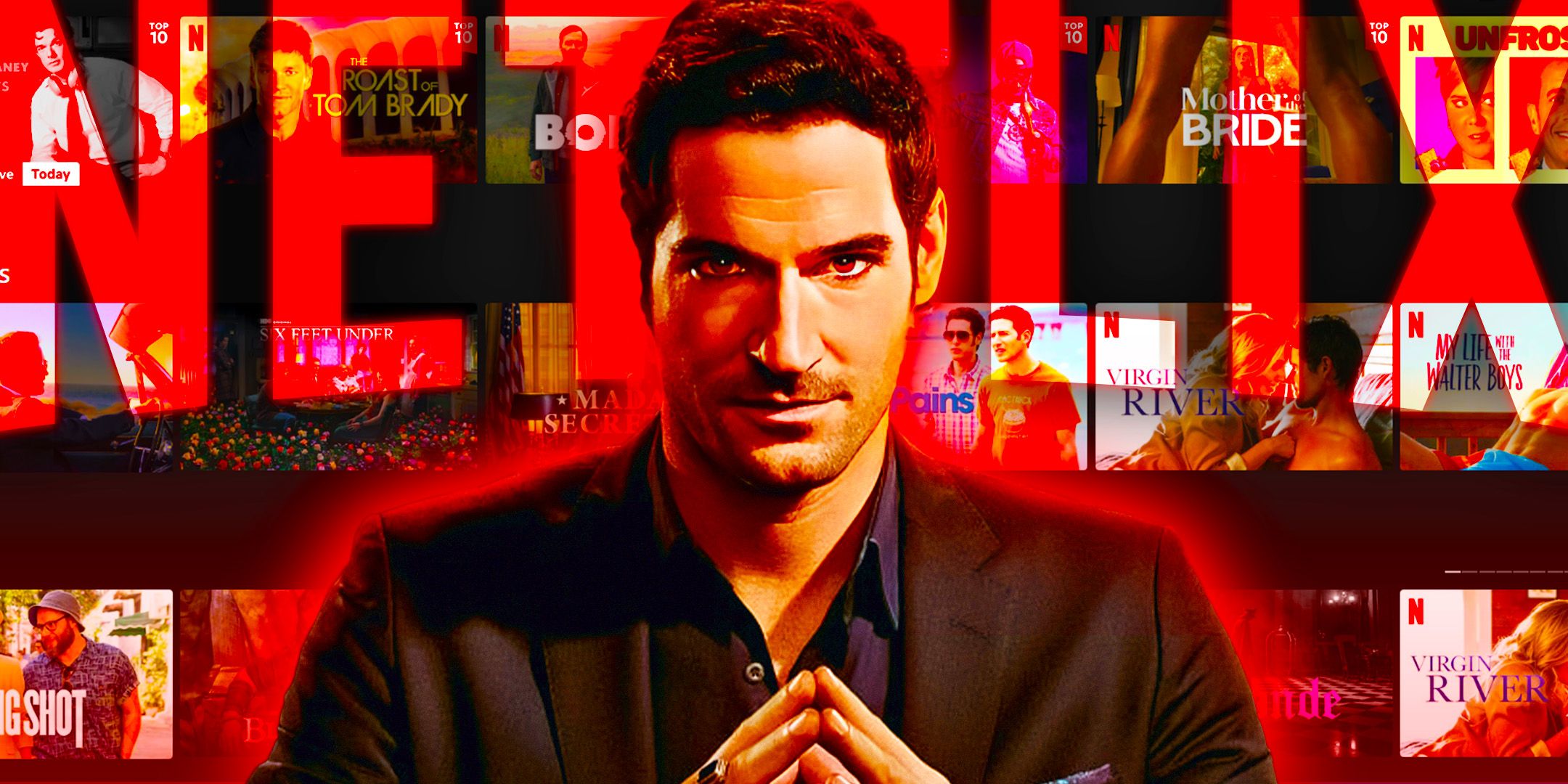 Tom Ellis as Lucifer in front of the Netflix screen and logo
