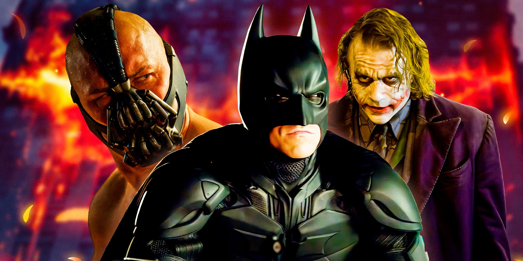 Split image of Tom Hardy as Bane, Christian Bale as Batman, and Heath Ledger as the Joker