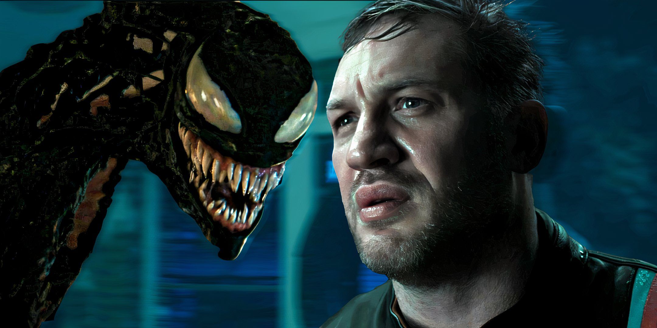 Tom Hardy as Eddie looking upset at Venom smiling in Venom Let There Be Carnage