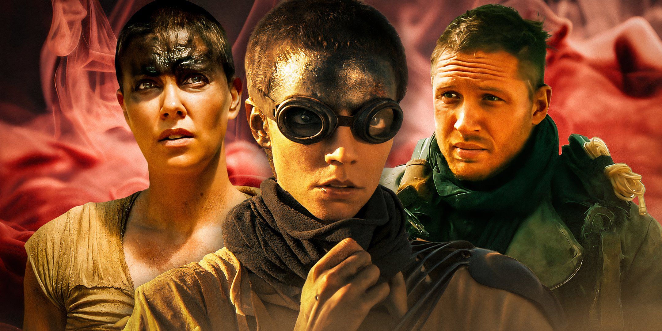 Tom-Hardy-as-Max-Rockatansky-and-Charlize-Theron-as-Imperator-Furiosa-from-Mad-Max-Furiosa-and-Anya-Taylor-Joy-as-Furiosa-from-Furiosa-A-Mad-Max-Saga-