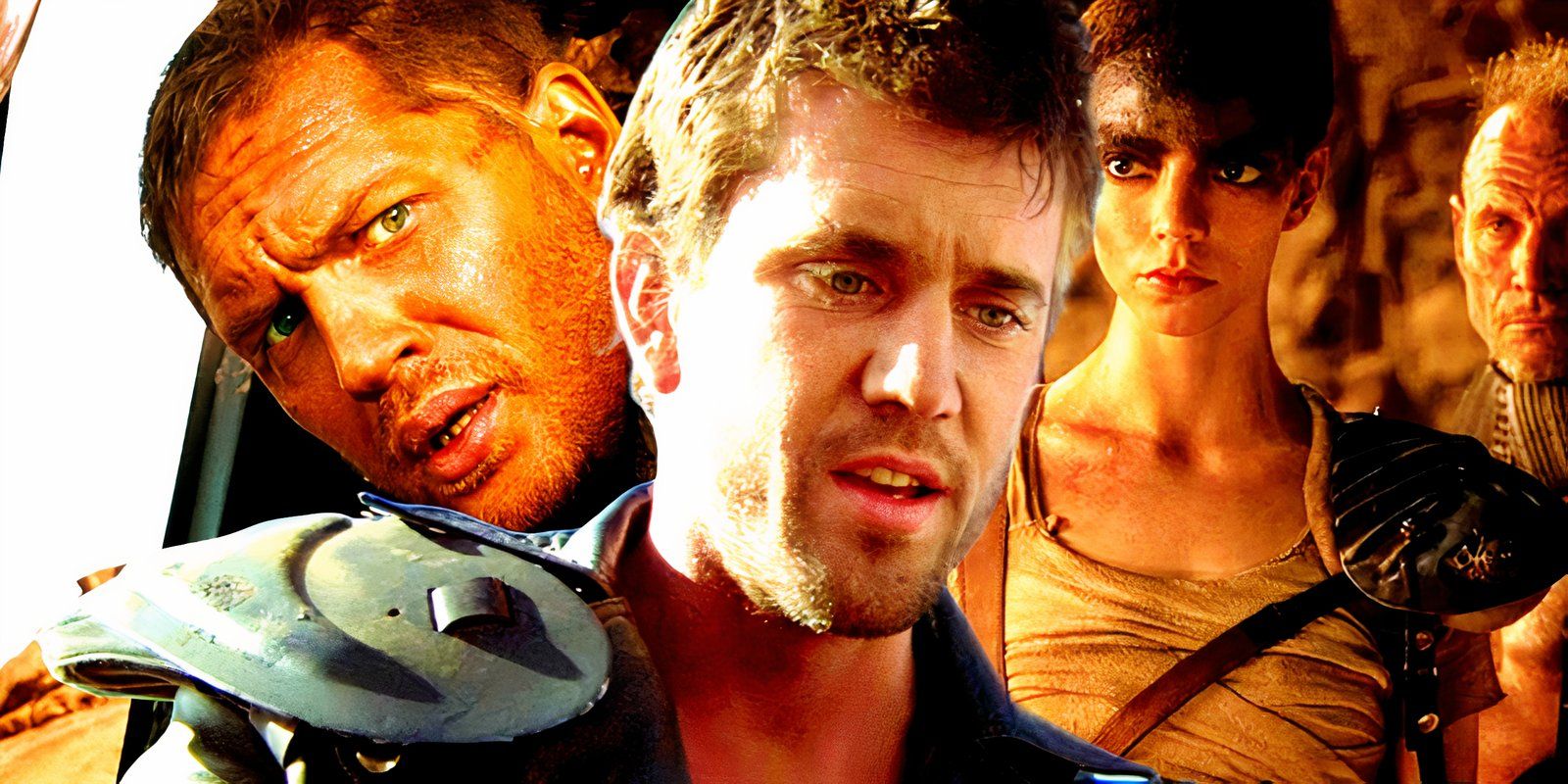 Tom Hardy looking behind the car in Fury Road, Mel Gibson in Mad Max 2, and Anya Taylor-Joy in Furiosa