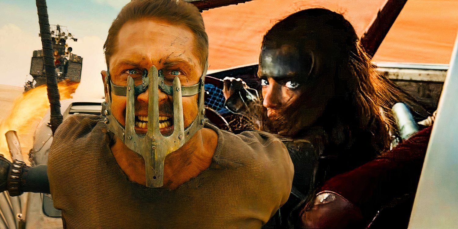 Tom Hardy wearing a metal mask in Mad Max Fury Road composited with Anya Taylor Joy driving a car in Furiosa