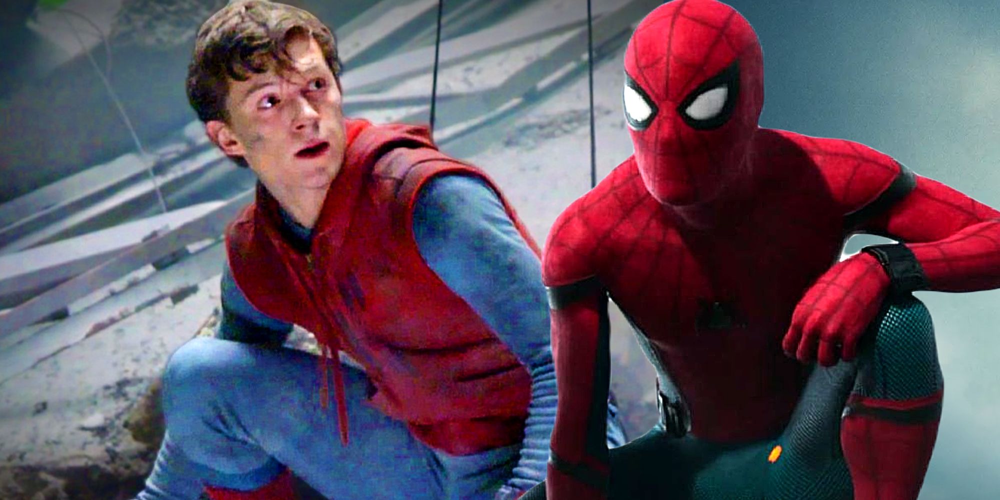 Peter Parker, de Tom Holland, vestindo o traje caseiro do Homem-Aranha e o traje projetado pelo Homem de Ferro em Spider-Man Homecoming