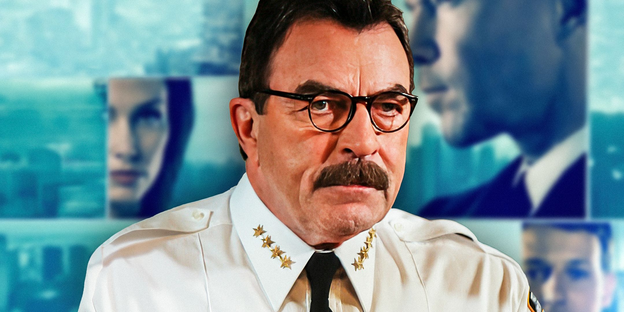 Tom Selleck as Blue Bloods' Frank Reagan, wearing a white shirt with four gold stars on each lapel of his collar