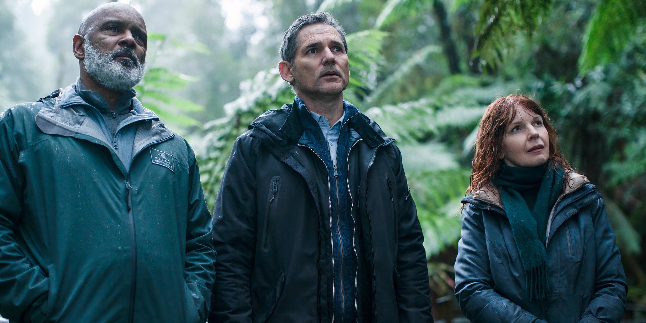 Tony Briggs, Eric Bana and Jacquleine McKenzie looking curious in the forest in Force of Nature The Dry 2