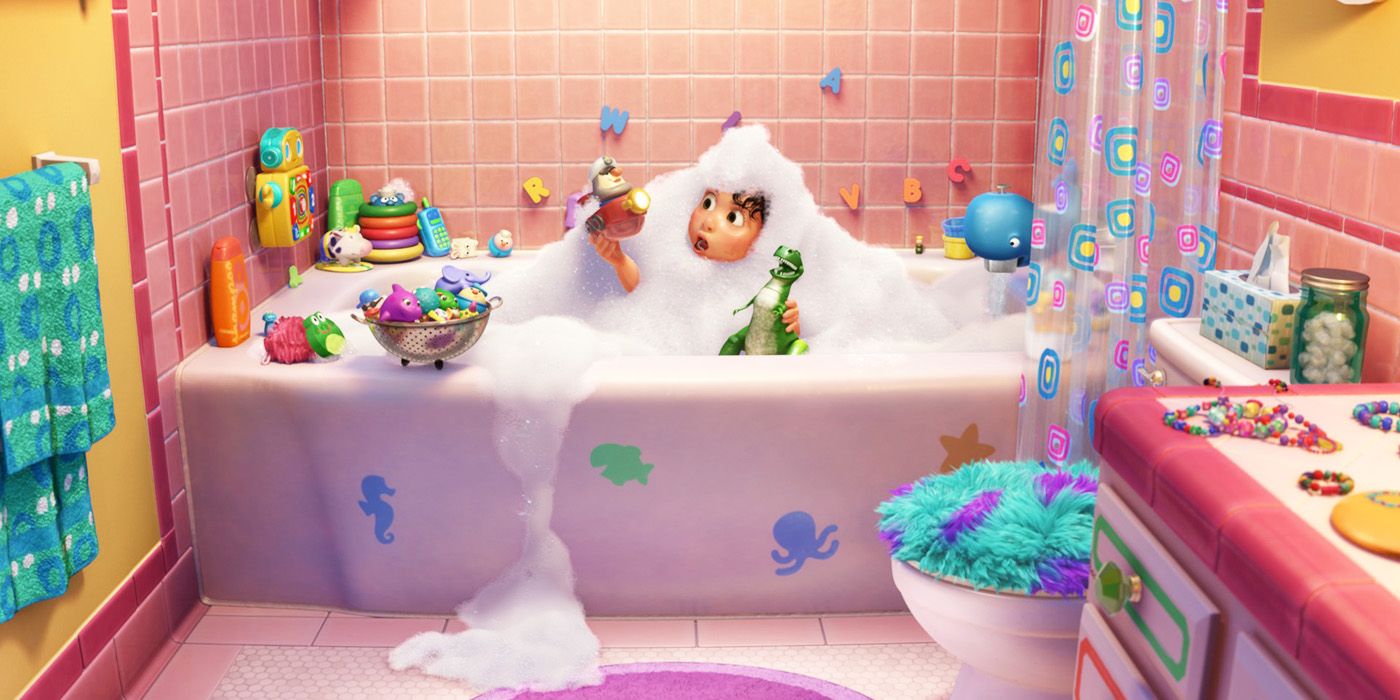 Curta-metragem Toy Story Partysaurus Rex Bonnie brincando com seus brinquedos no banho
