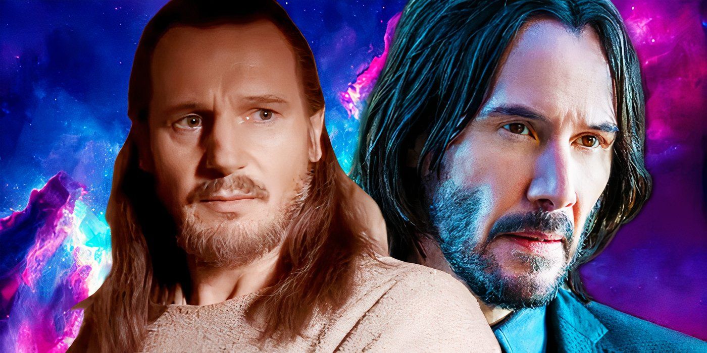 Liam Neeson as Qui-Gon Jinn in Star Wars: Episode I - The Phantom Menace next to Keanu Reeves as John Wick set against a space background