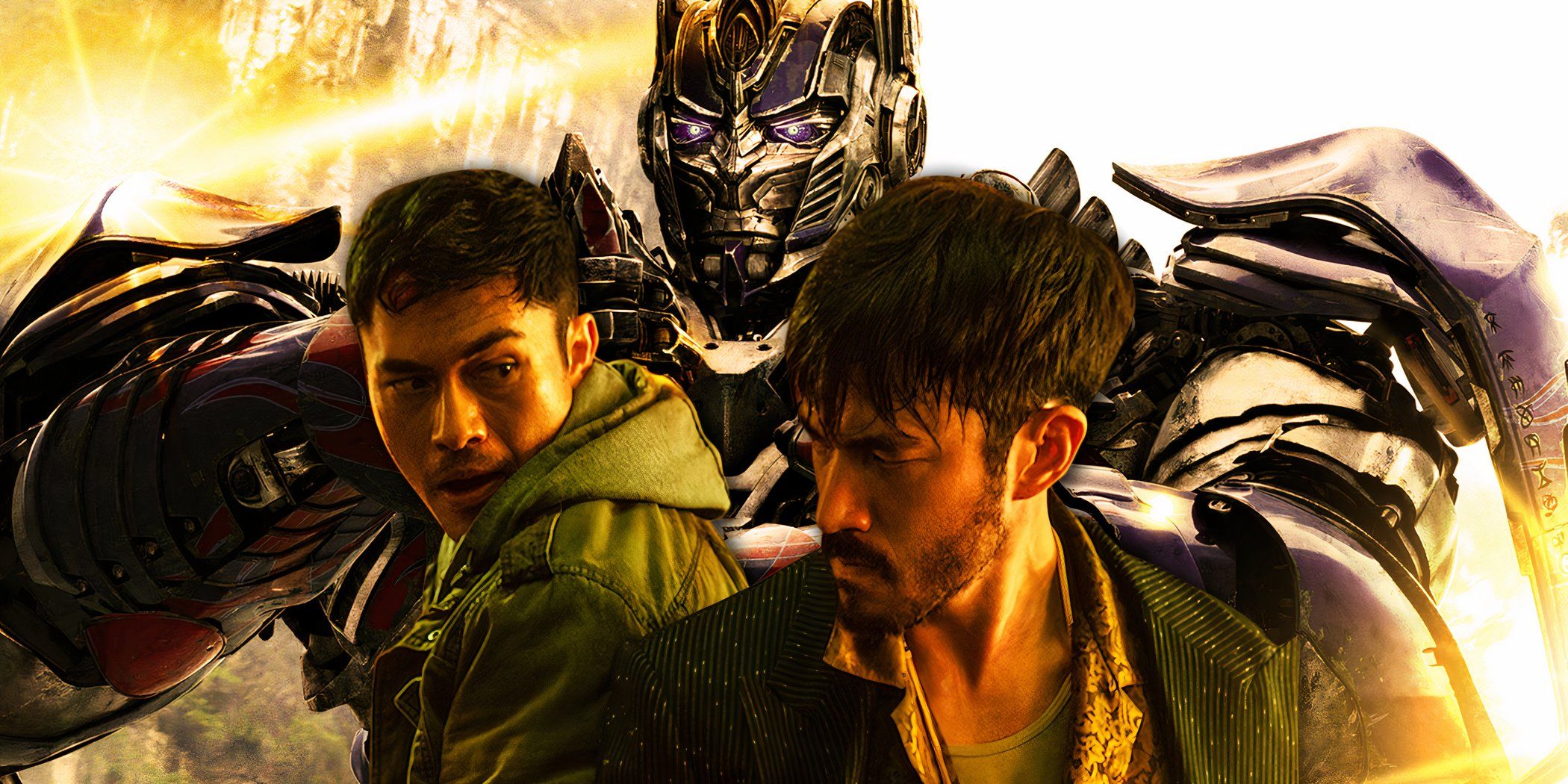 The Transformers robot stands tall behind Henry Golding and Andrew Koji of Snake Eyes