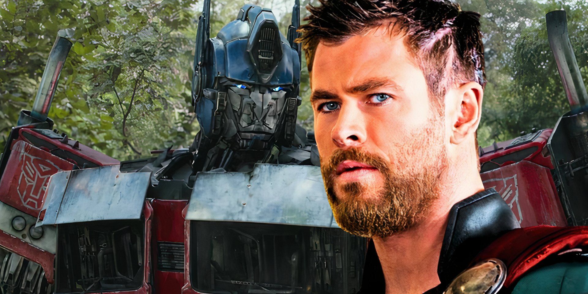 Optimus Prime looking down in Transformers Rise of the Beasts next to Chris Hemsworth as Thor looking serious in Thor Ragnarok