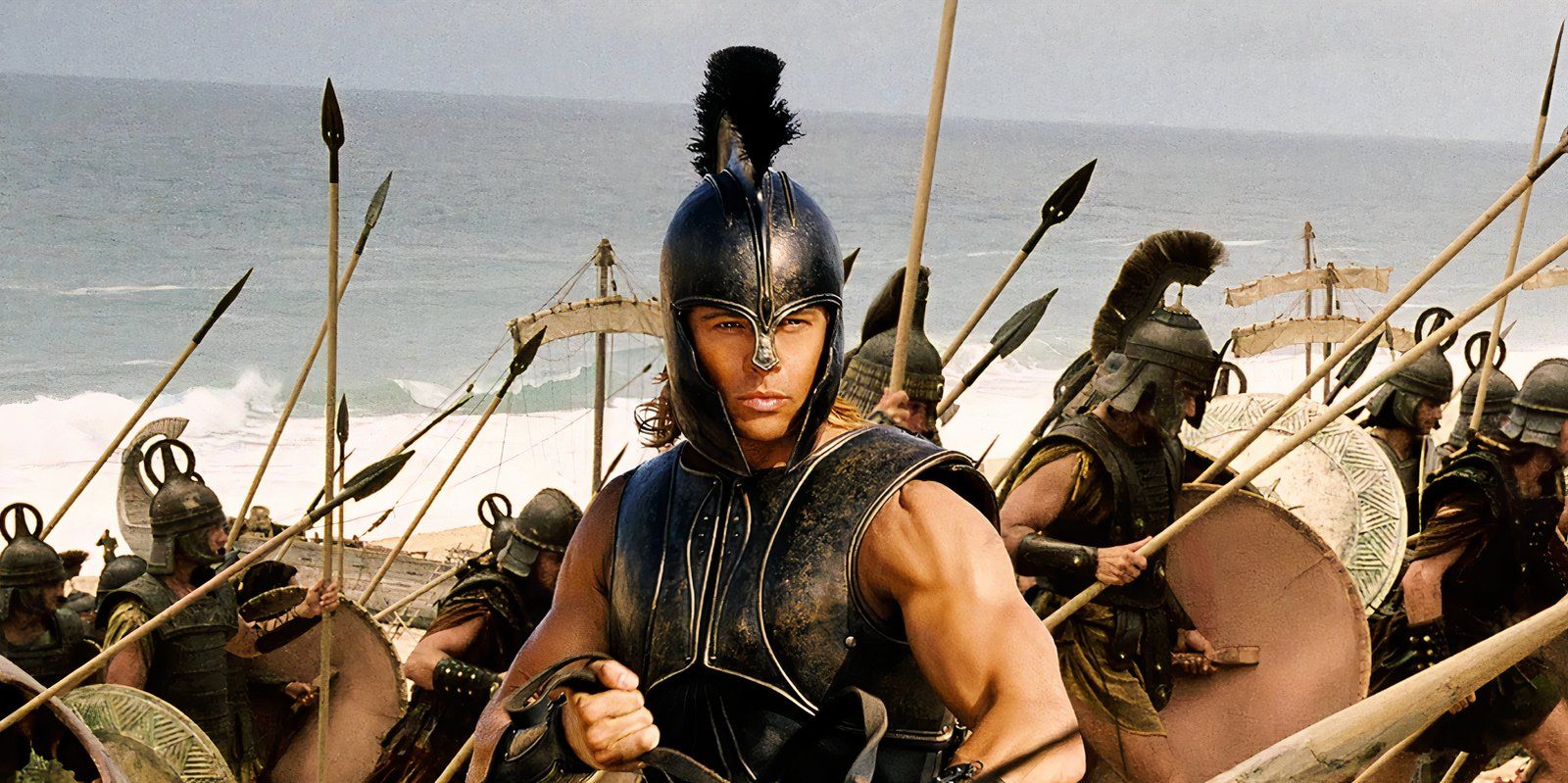 Brad Pitt as Achilles surrounded by fellow warriors in Troy