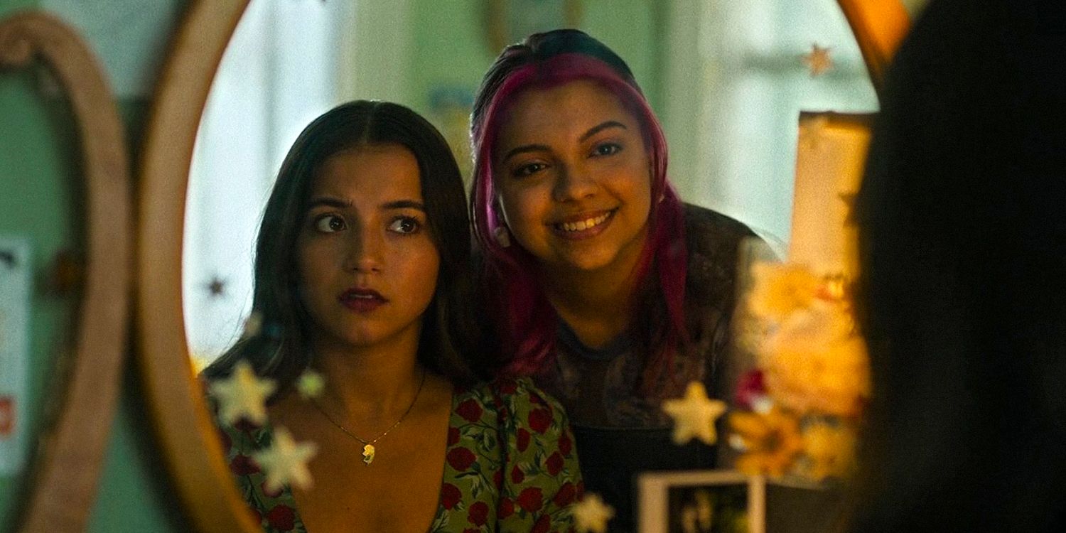 Aza (Isabela Merced) and Daisy (Cree) look at themselves in the mirror before their double date in Turtles All The Way Down