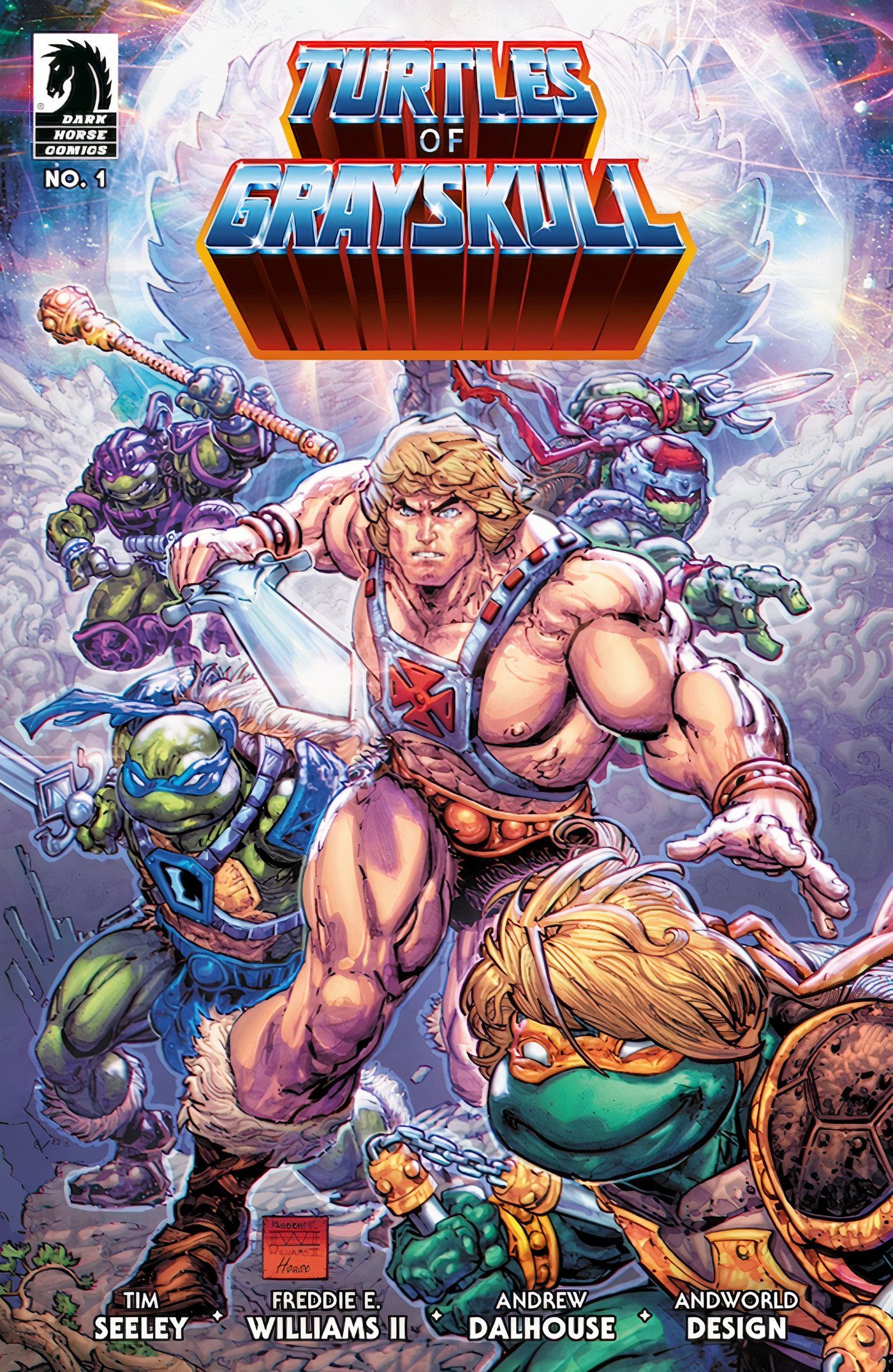 Turtles of Grayskull Cover 1 featuring He-Man leading the Ninja Turtles into battle.