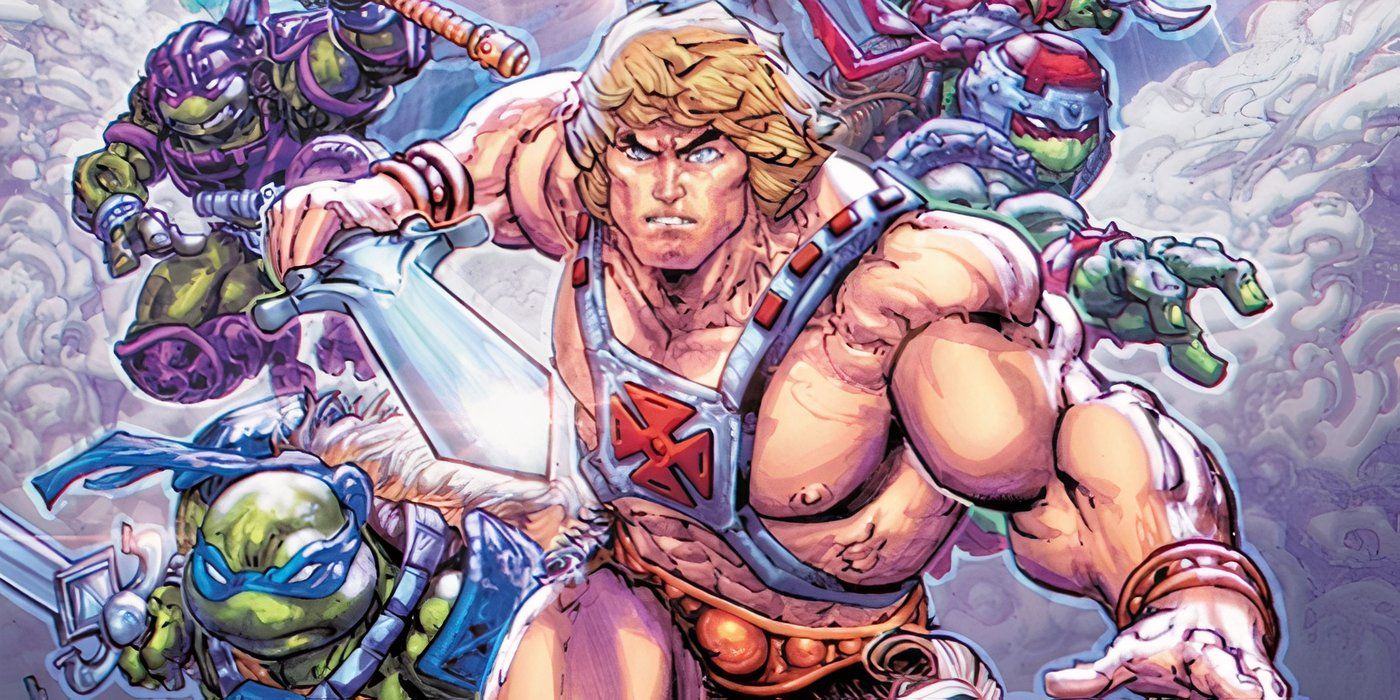 Image of He-Man leading the Teenage Mutant Ninja Turtles into battle.