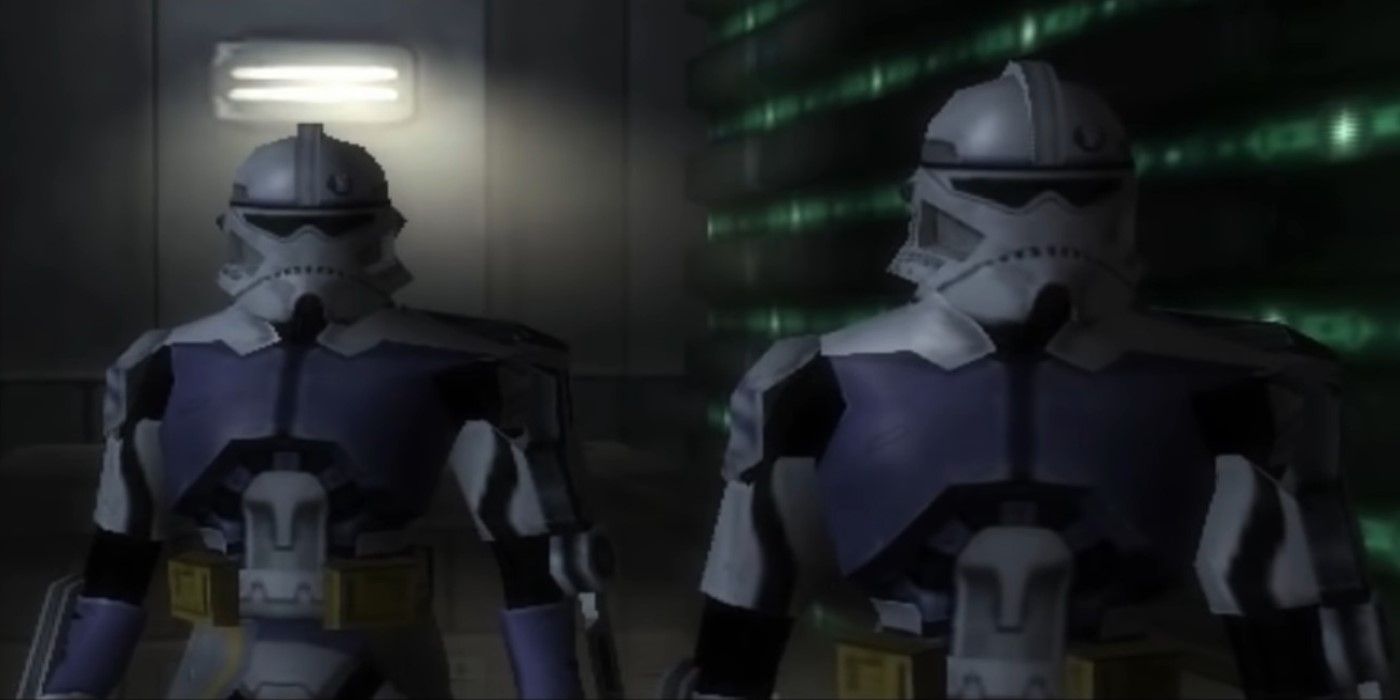 Two Clone Assassins in the Jedi Temple archives on Coruscant in the Star Wars Revenge of the Sith video game.