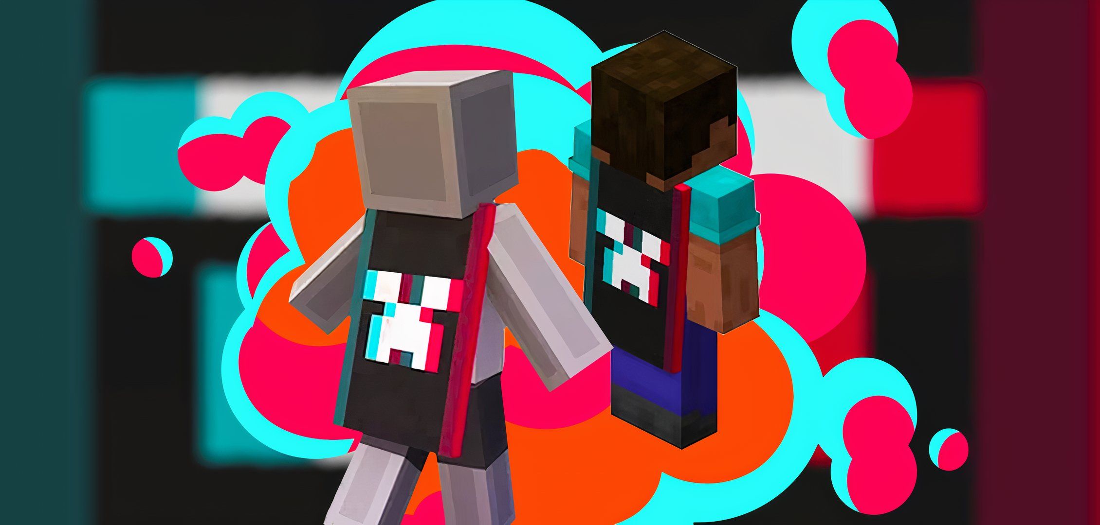 Two Minecraft Characters Wearing The Minecraft 15th Anniversary TikTok Cape Against a Neon Blue, Red And Orange Background