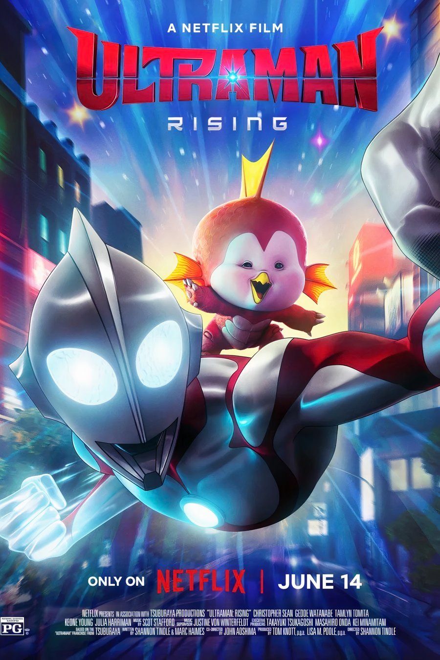 El póster de Ultraman Rising muestra a Ultraman volando por el cielo con una pequeña criatura en su espalda.