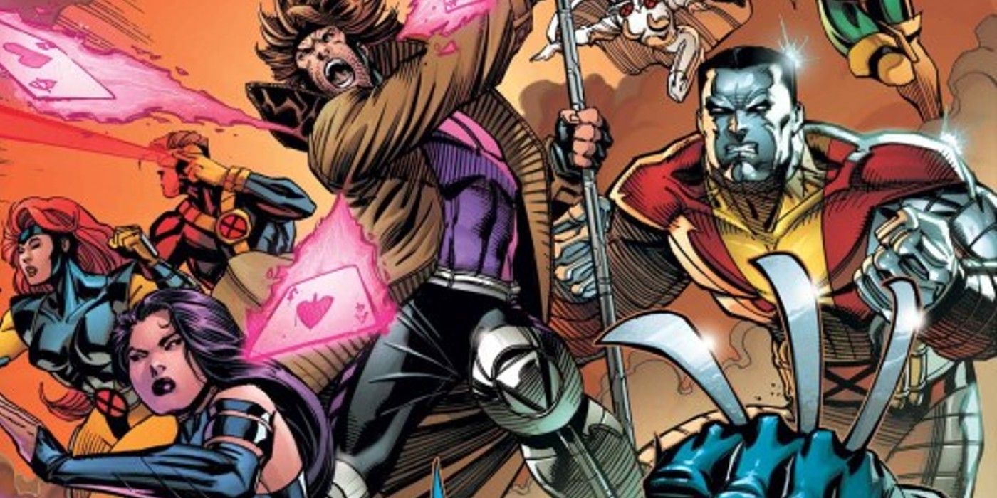 Mutants including Gambit, Colossus, Psylocke, Cyclops, & Jean Grey leaping into action.