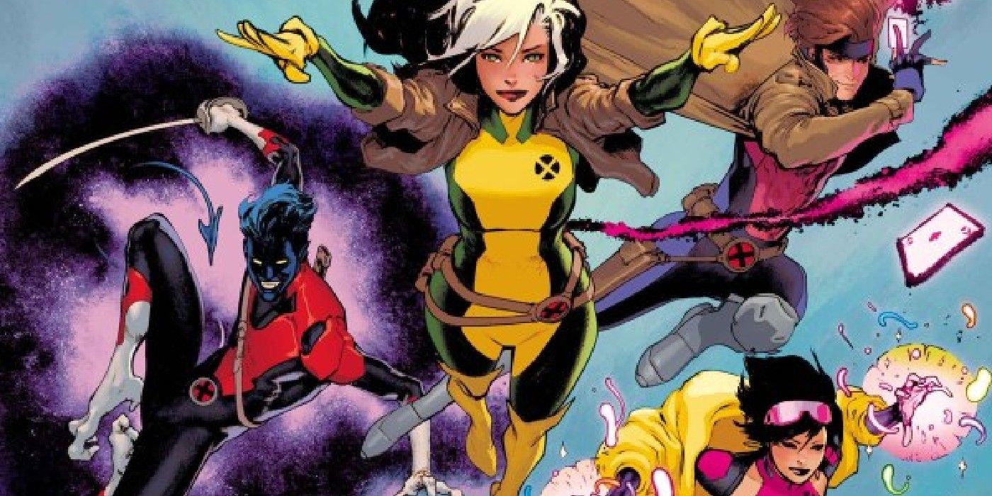 Nightcrawler, Rogue, Gambit, and Jubilee leaping into action in the new Uncanny X-Men series.