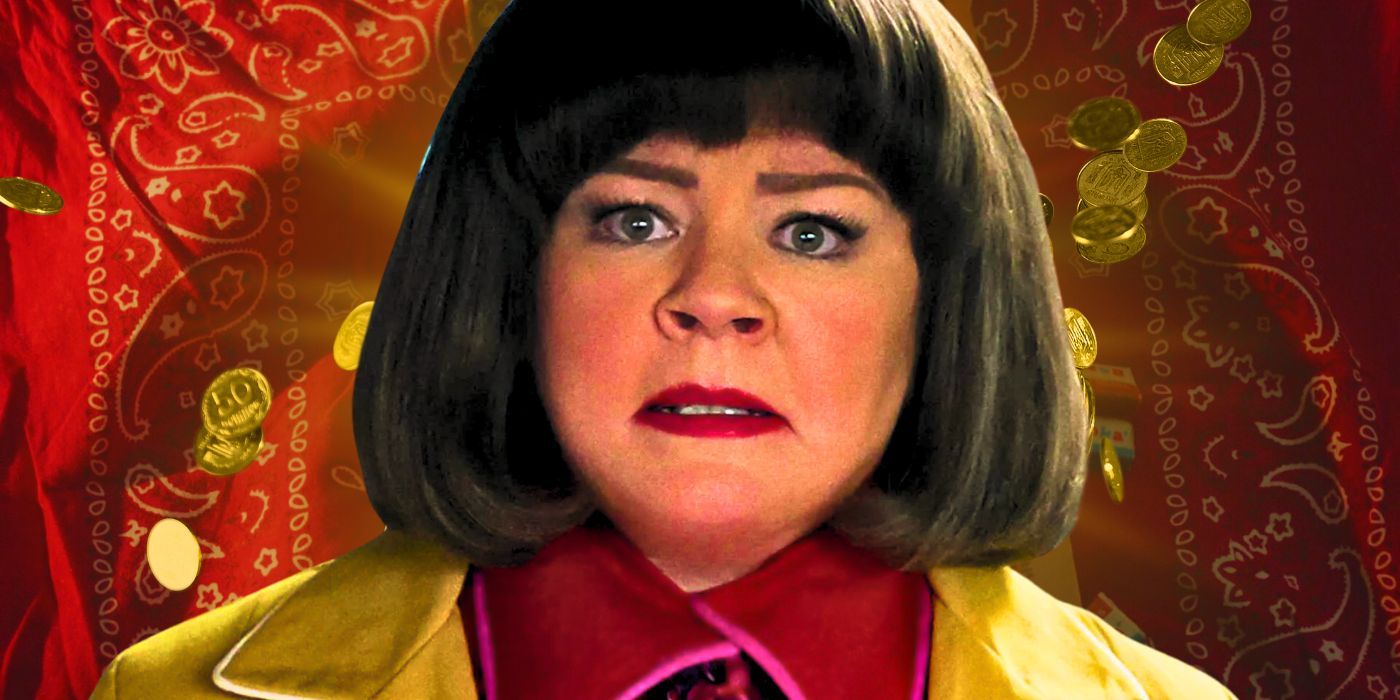 Melissa McCarthy as Stan in Unfrosted with a bandana and coins behind her