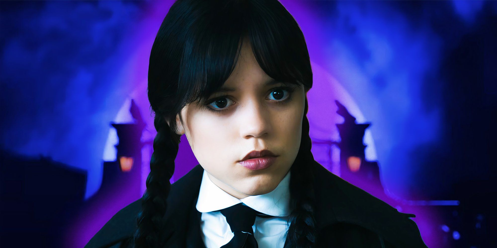 Jenna Ortega as Wednesday Addams in Wednesday season 1 with Nevermore in background