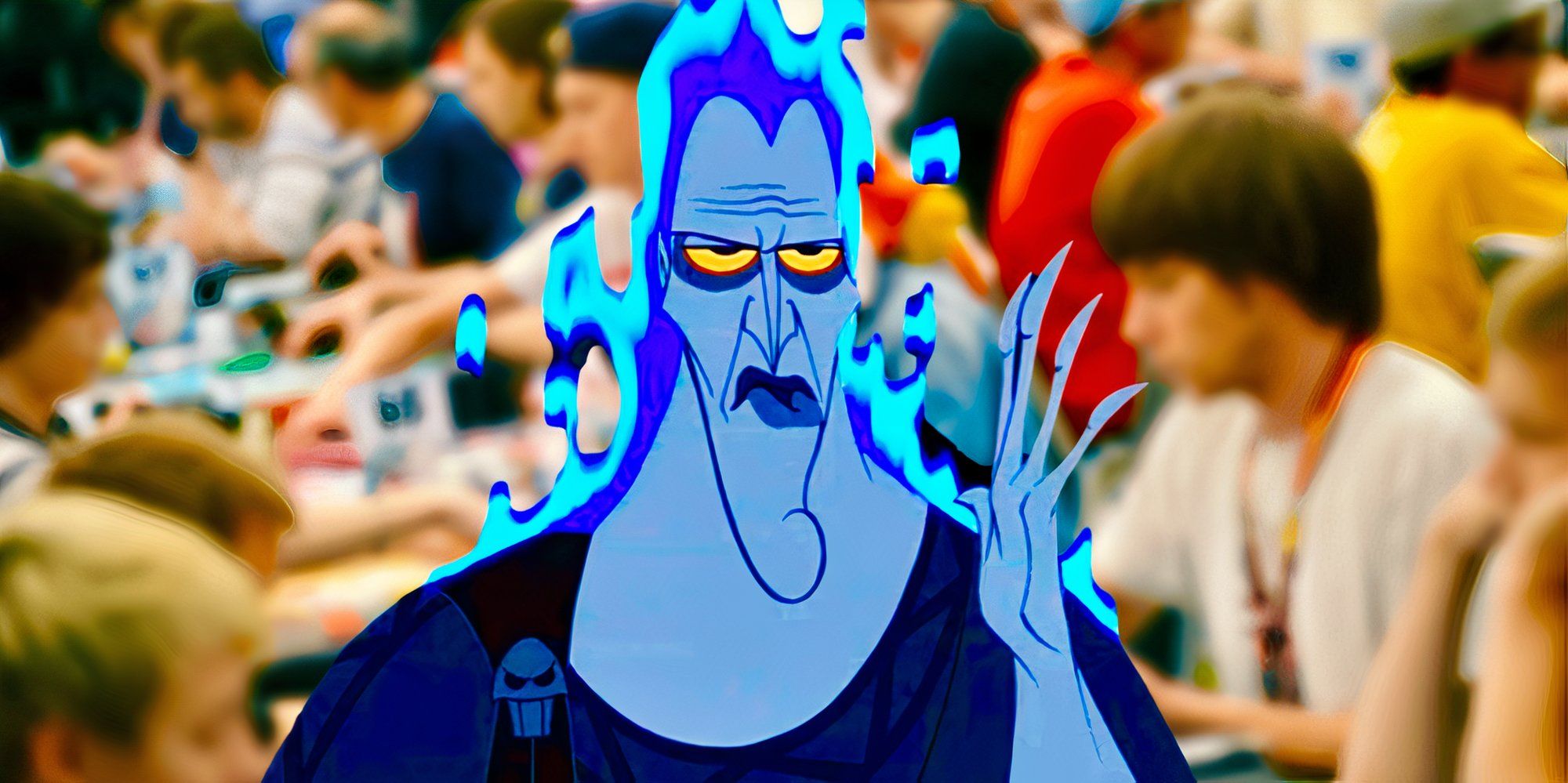 Hades from the Disney Hercules movie looking mad, atop a blurred background of TCG players.