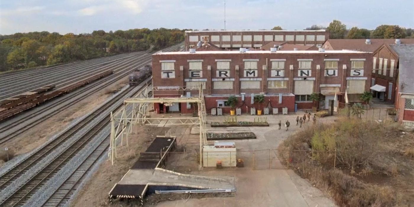 An aerial shot of the Terminus in The Walking Dead