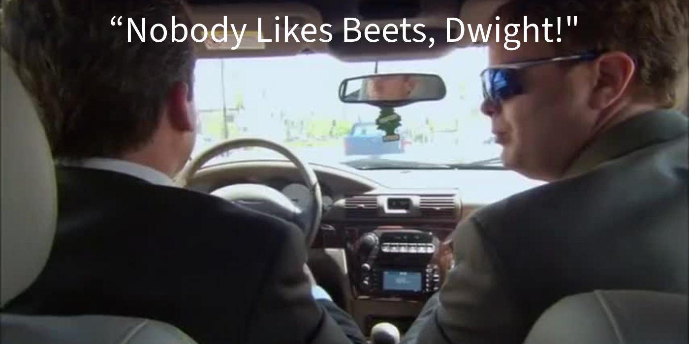 Dwight e Michael no carro no episódio Office Olympics de The Office com a citação "Ninguém gosta de beterraba, Dwight!"