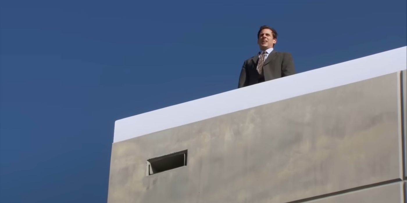 Michael on the roof of the building in The Office episode Safety Training