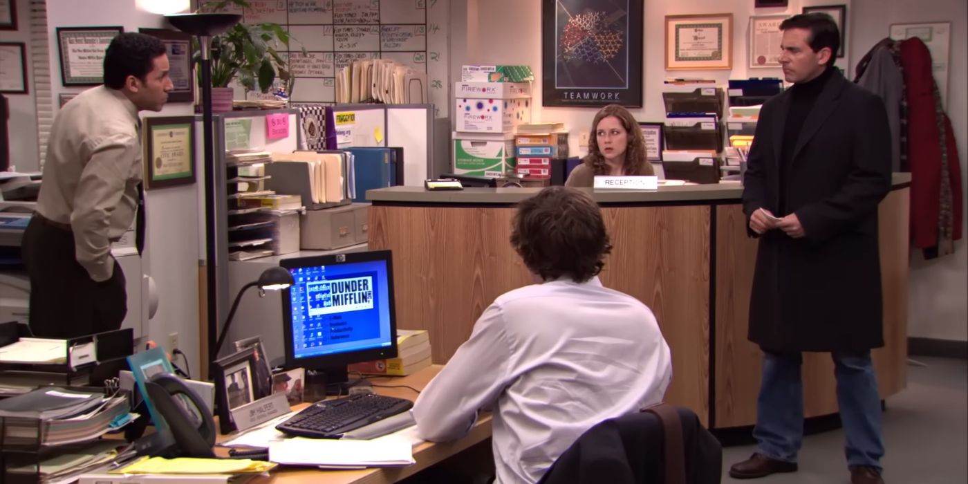 Oscar, Pam, and Jim listening to Michael roasting them Michael in The Office episode Stress Relief