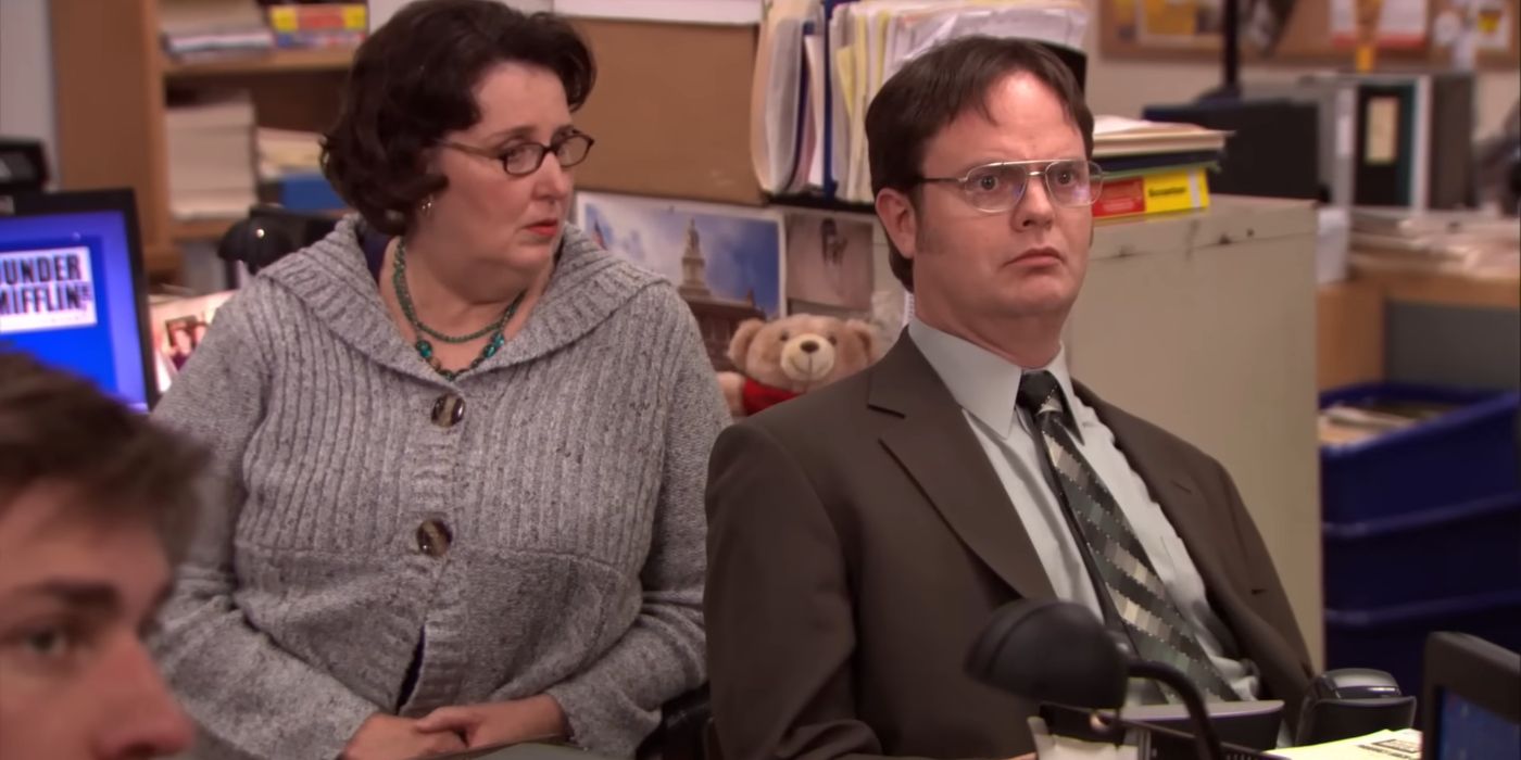 Phyllis looking at a confused Dwight after Michael calls him a kiss ass in The Office episode Stress Relief