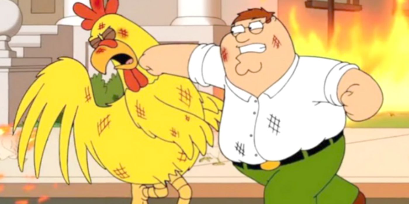 Peter Griffin and Ernie the Giant Chicken fighting surrounded by fire in Family Guy