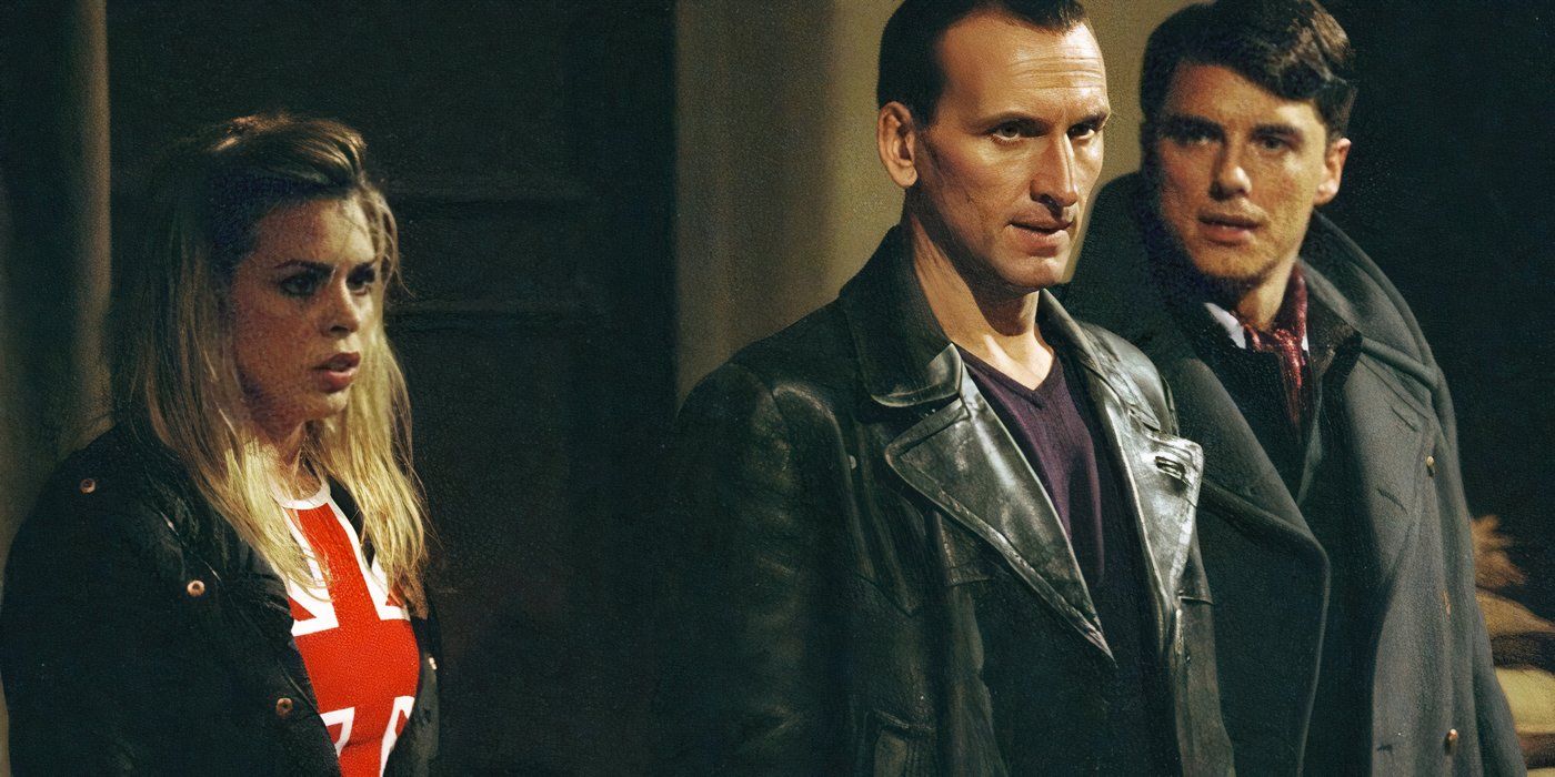 Rose, the Ninth Doctor, and Jack looking scared in the Doctor Who episode The Empty Child