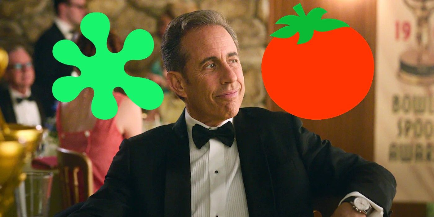 Jerry Seinfeld in Unfrosted next to Rotten Tomatoes splat and a fresh ripe tomato