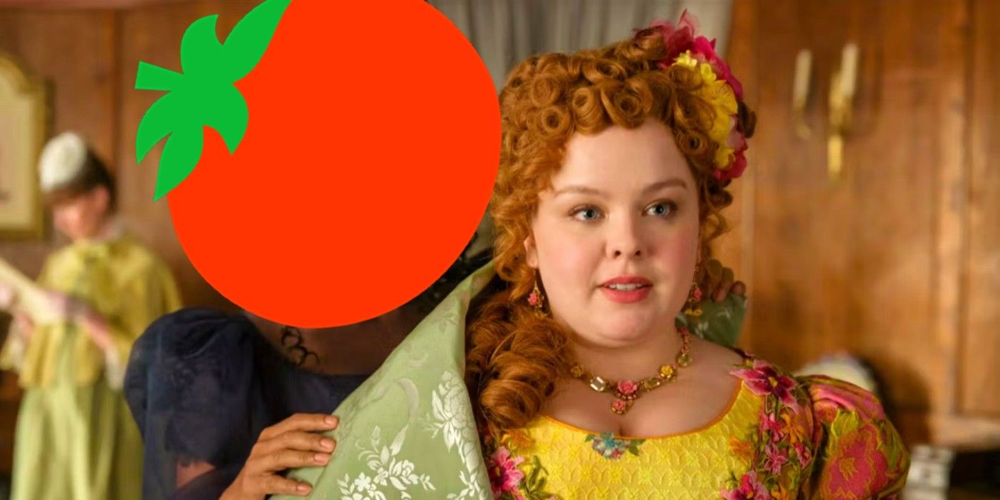 Penelope in Bridgerton season 3 next to a fresh ripe tomato