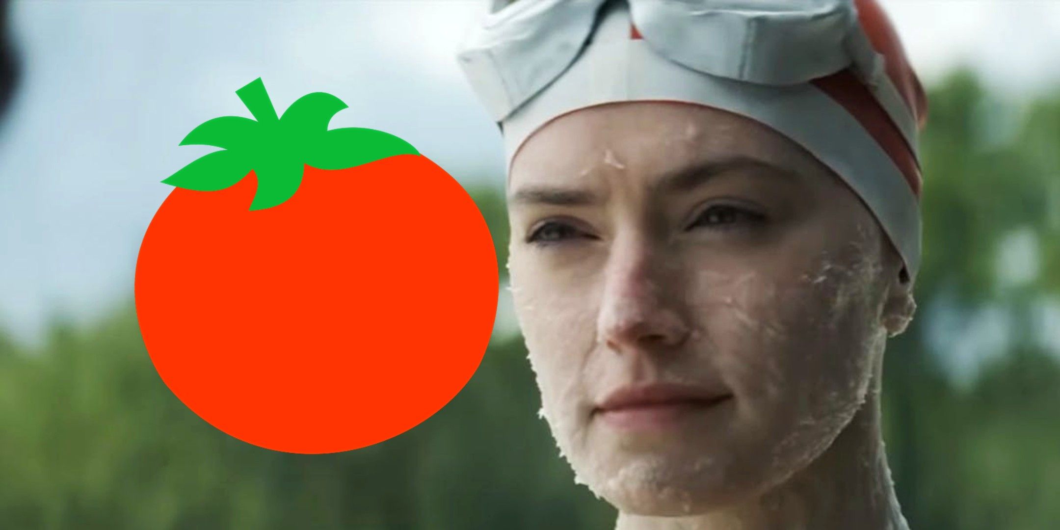Daisy Ridley in Young Woman and the Sea next to a fresh ripe tomato