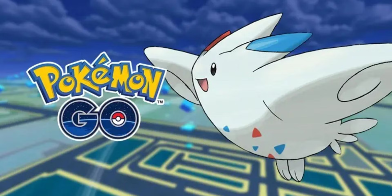 Plano de fundo do Pokémon GO com Togekiss no jogo mostrando voando pelo ar