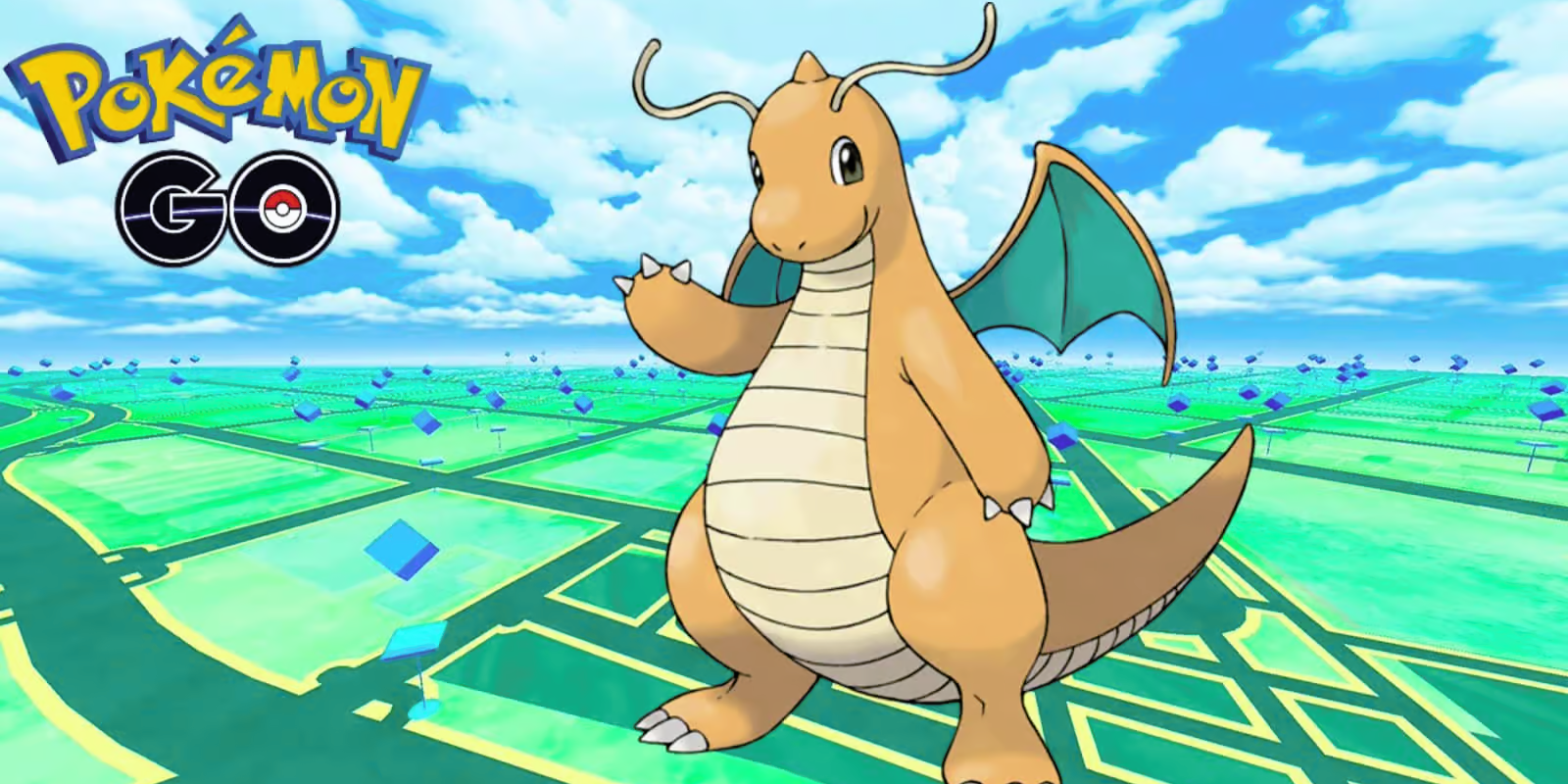 Plano de fundo do Pokémon GO com Dragonite aparecendo