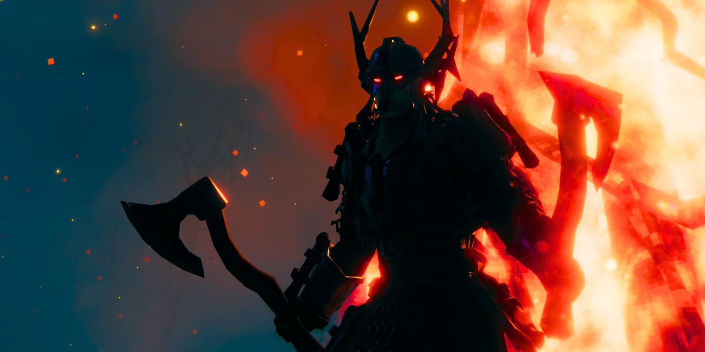 Um guerreiro Valheim com dois machados de mão em frente a um fogo intenso