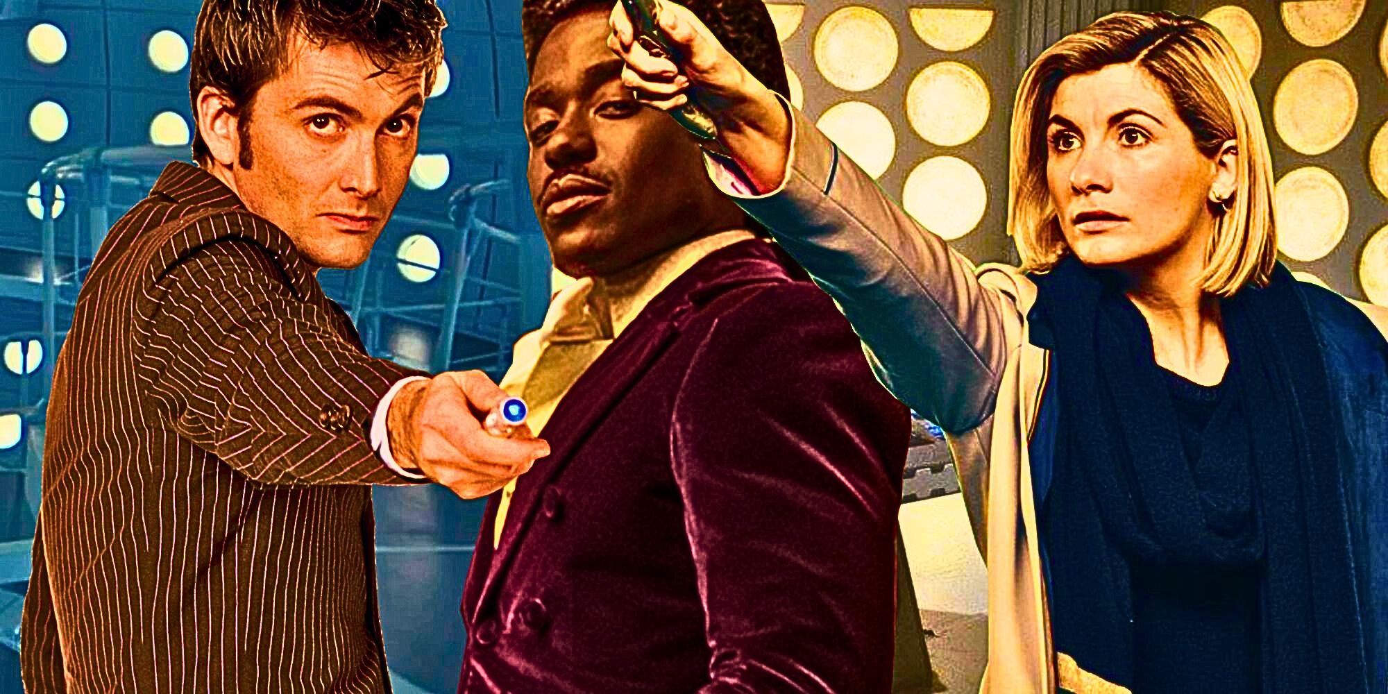 A custom Doctor Who image of David Tennant's Tenth Doctor, Ncuti Gatwa's Fifteenth Doctor, and Jodie Whittaker's Thirteenth Doctor.
