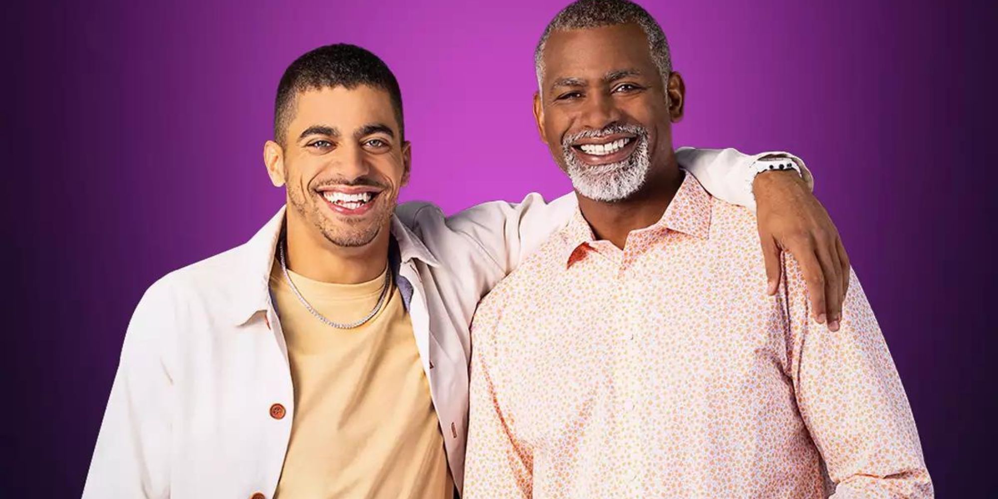 MILF Manor season 2 Christopher &amp; Michael against purple backdrop
