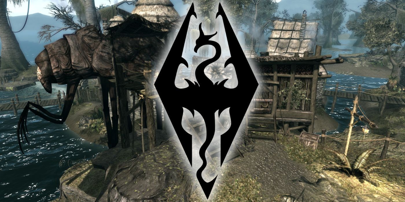 The Skyrim logo over a scene from the Skywind mod