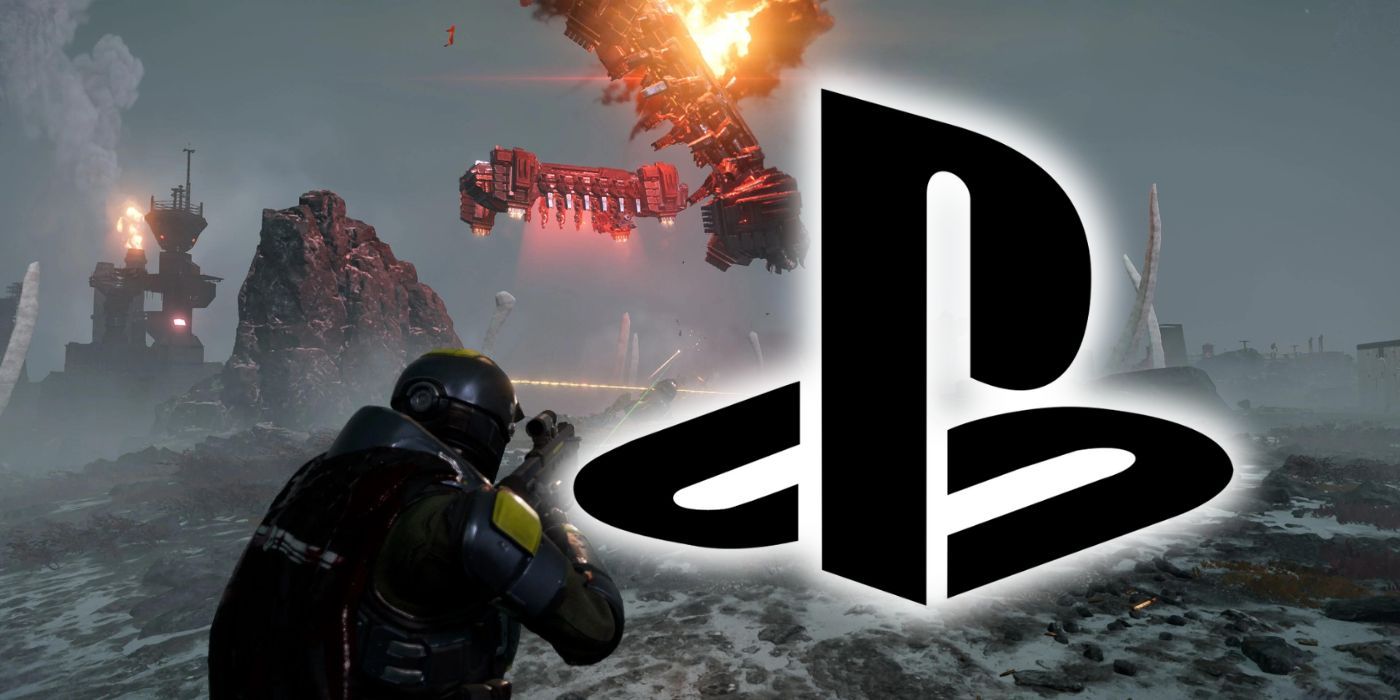 The PlayStation logo alongside a Helldiver firing an Automaton drop ship