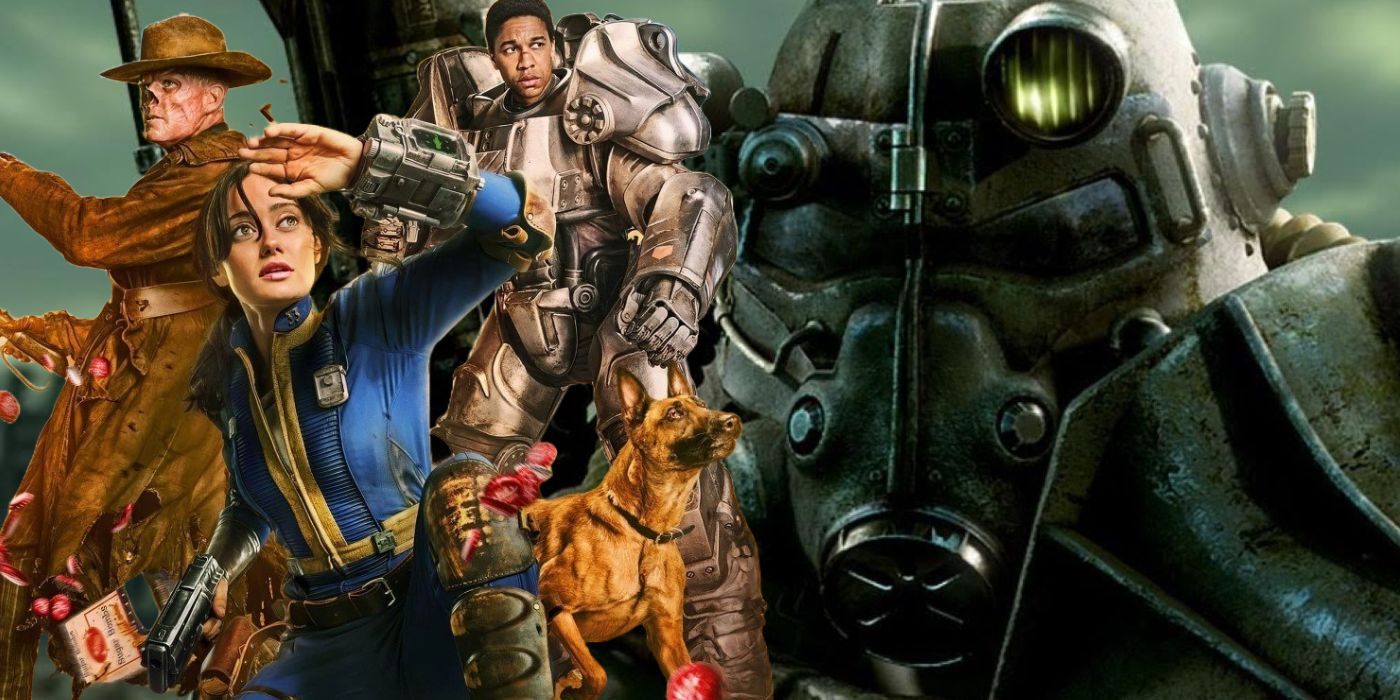 The cast of the live-action Fallout series alongside a Brotherhood of Steel Power Armor helmet