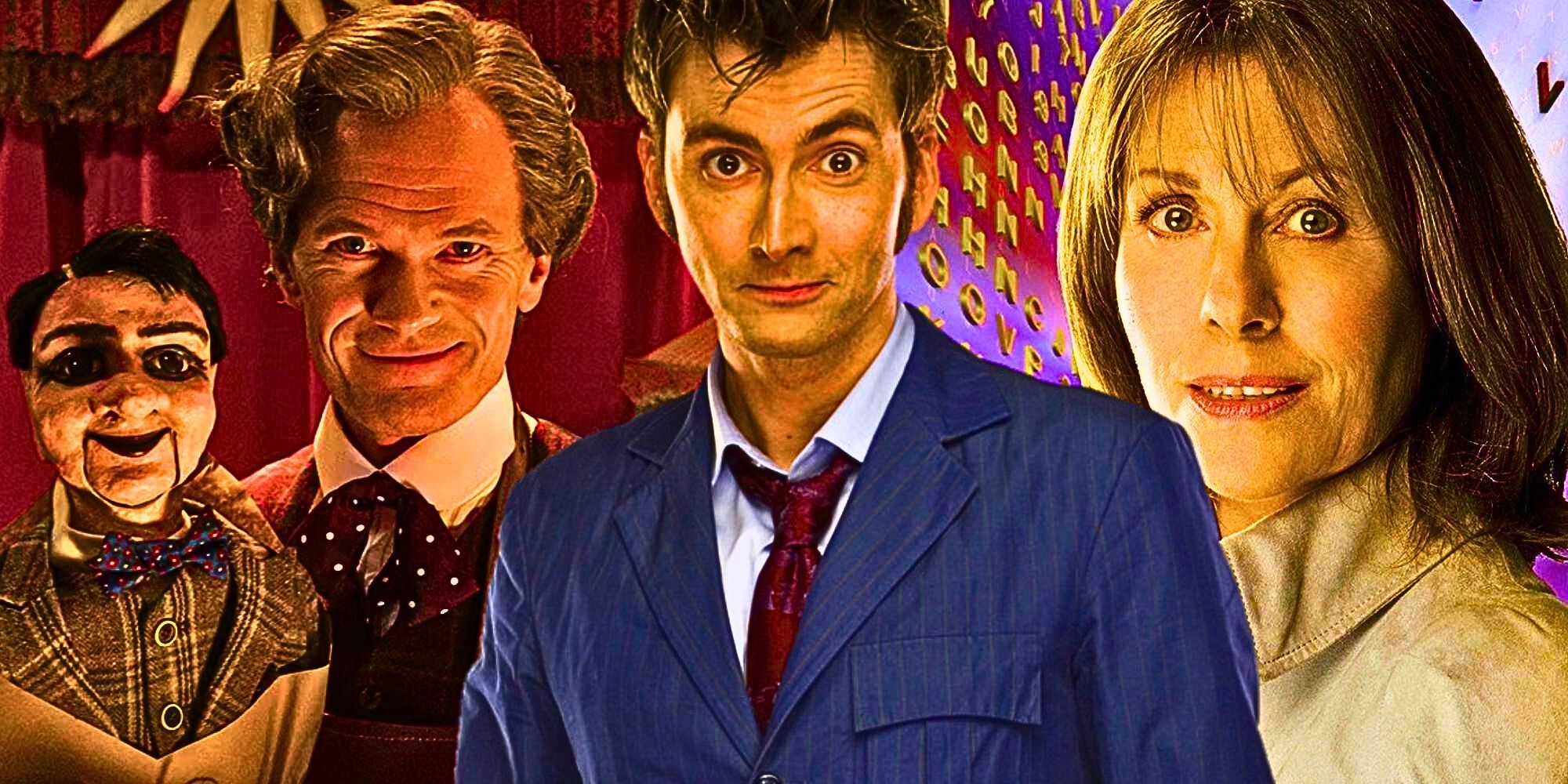 A custom image of Neil Patrick Harris as the Toymaker, David Tennant's Tenth Doctor, and Elisabeth Sladen as Sarah Jane Smith